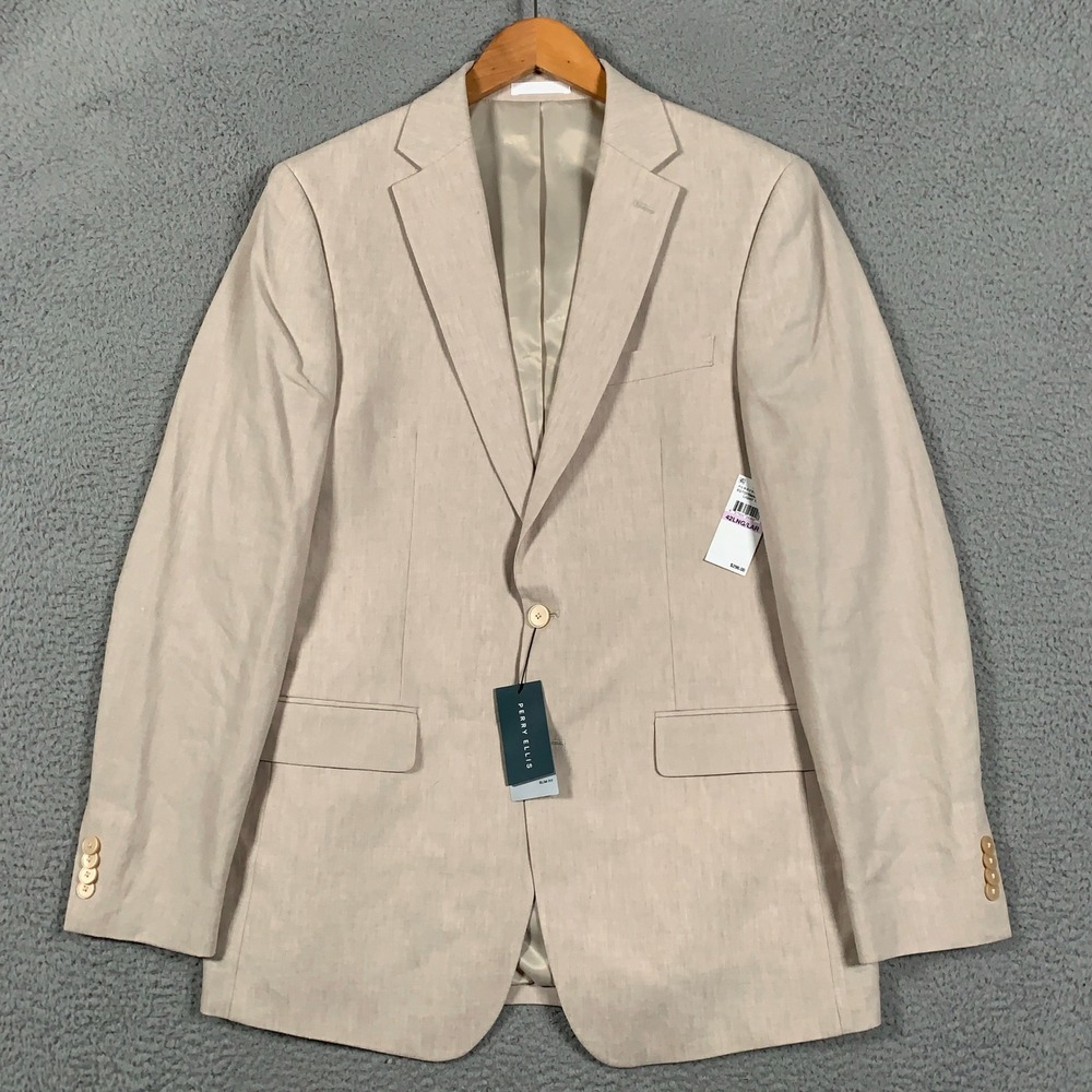Perry Ellis Linen Blend Blazer Mens 42L Slim Fit Light Tan Two Button Sport Coat